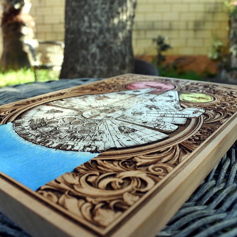 Intricate Wooden Art Panel Featuring Iconic Spaceship Design